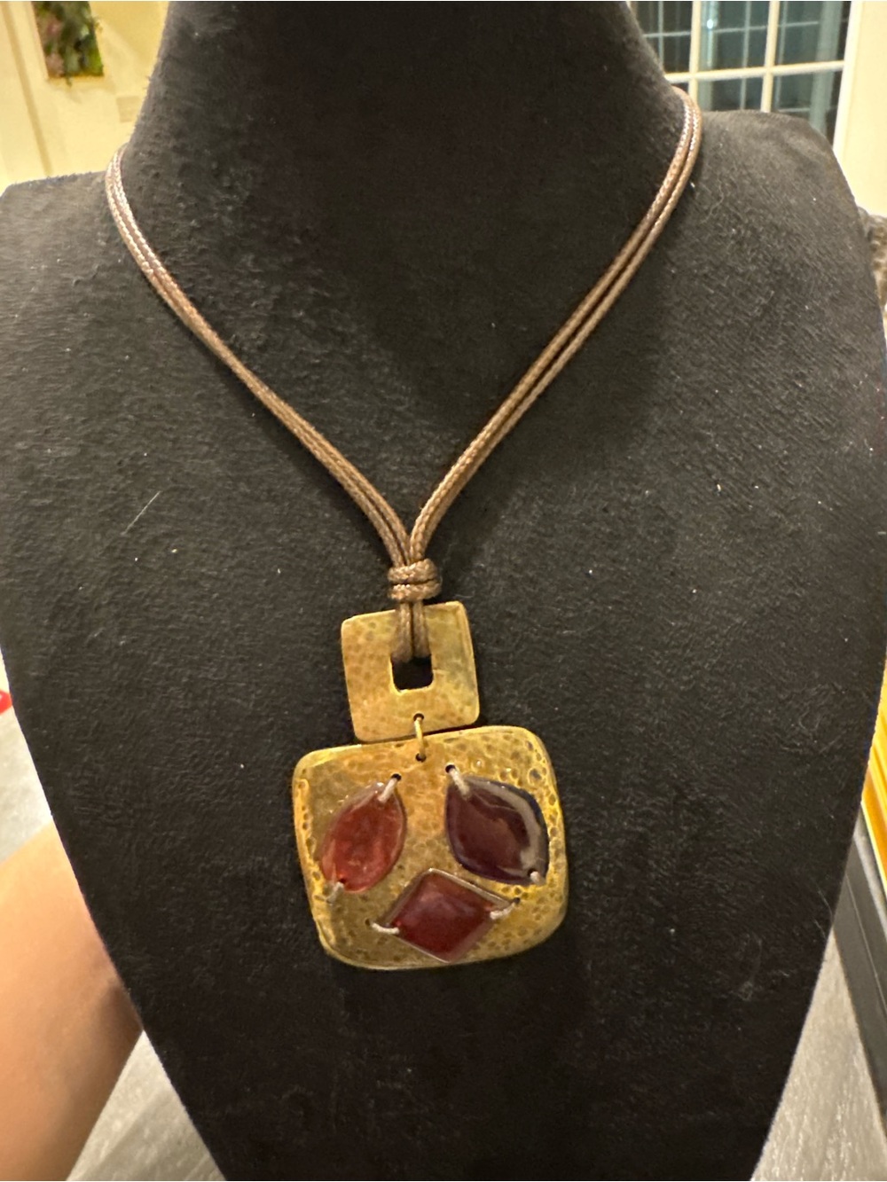 Antique Gold Tone Red Stone Pendant Necklace Brown Double Cord Boho